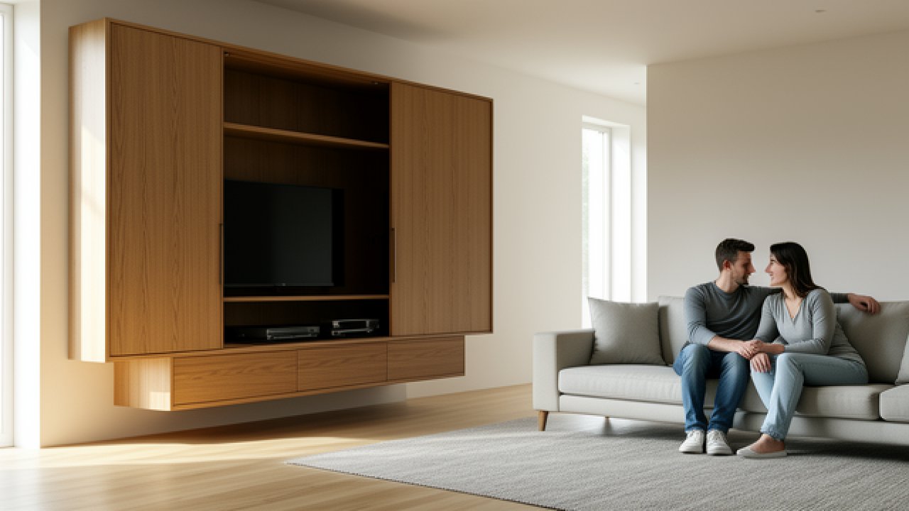 Meuble TV à portes coulissantes : une solution qui structure vraiment le salon